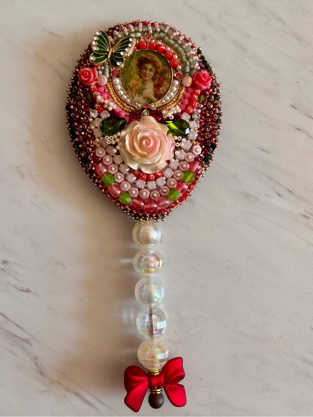 Freeform beaded Pink Floral Handheld mirror.